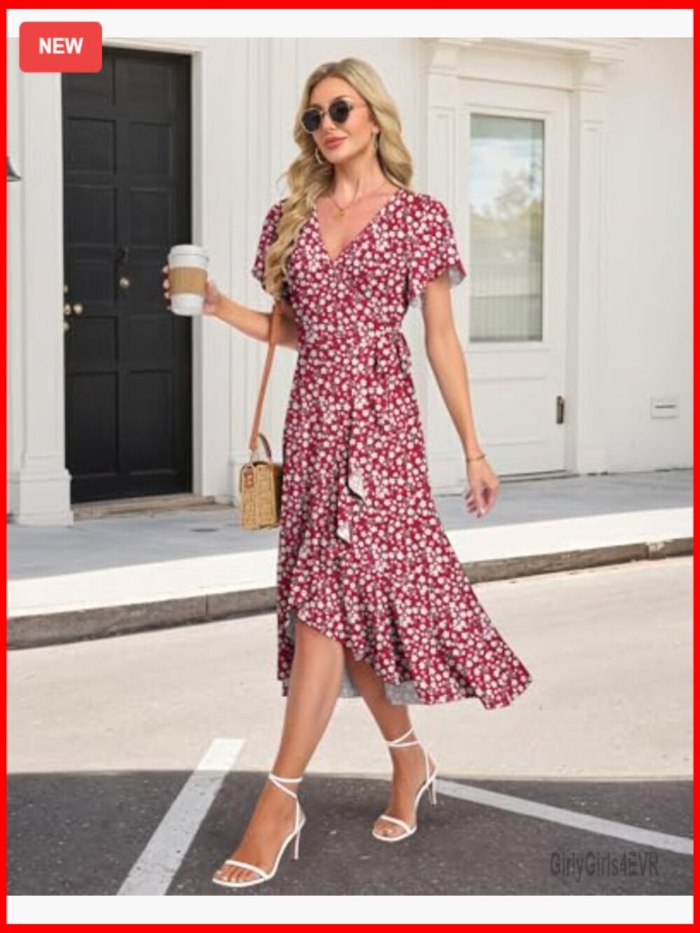 Women Wrap Midi Dress V Neck Flutter Sleeve Flowy Ruffle Slit - Picture 3 of 6